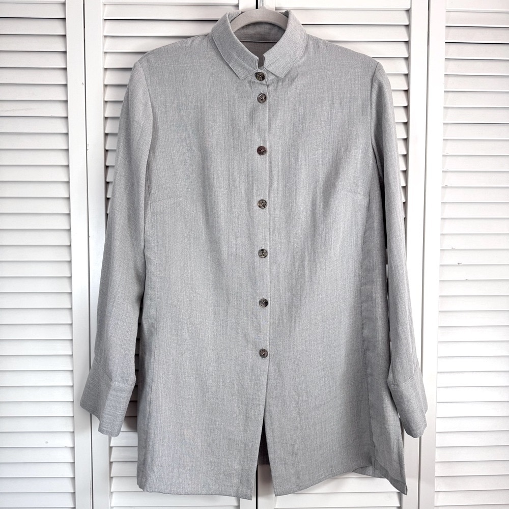Fridaze Linen Button Up Long Sleeve Tunic Shirt Top Gray Lagenlook Size Small